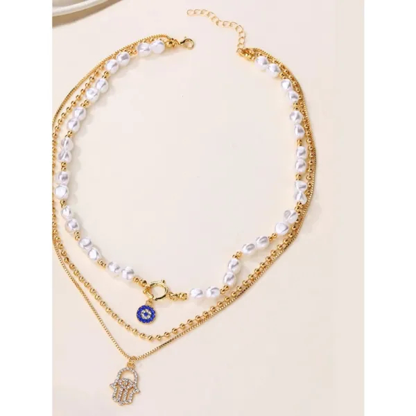 Pearl Chain Evil Eye Hamsa Pendant Necklace