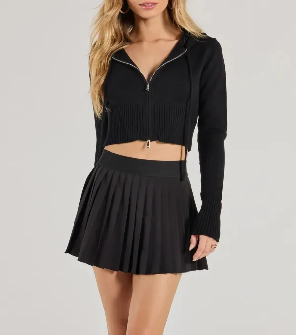 Zip-Front Cropped Knit Hoodie