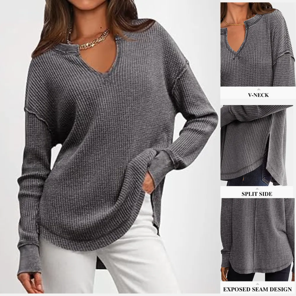 Women‘s Waffle Knit Long Sleeve Casual V Neck Shirts