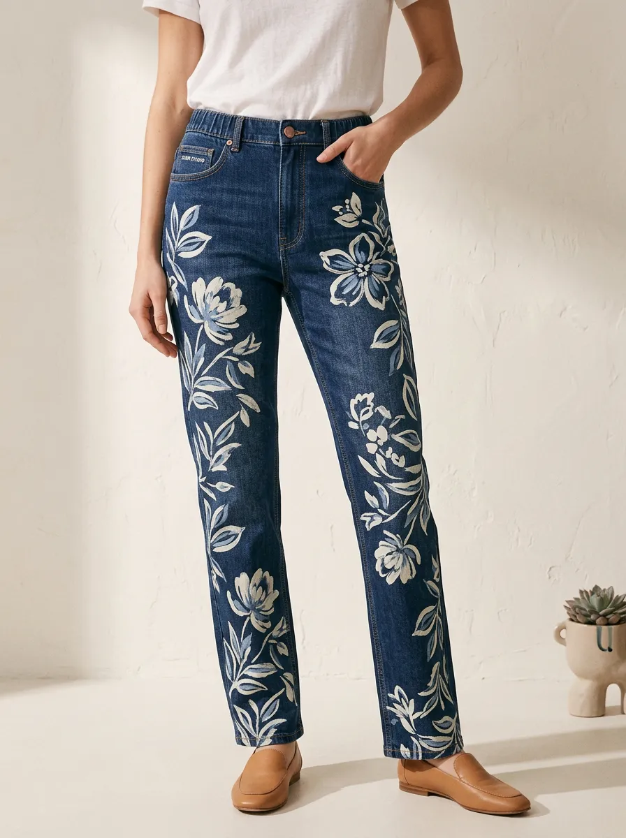 Women's Floral Lover Blue Botanical Printed Jeans