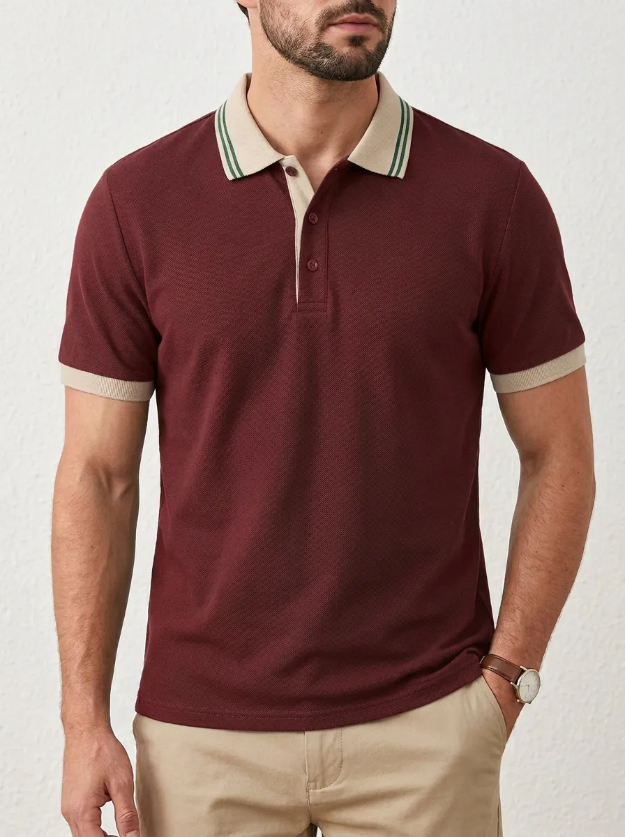 Men's Classic Knit Ribbed Textured Striped Contrast-Collar Contrast-Trim Polo Shirt