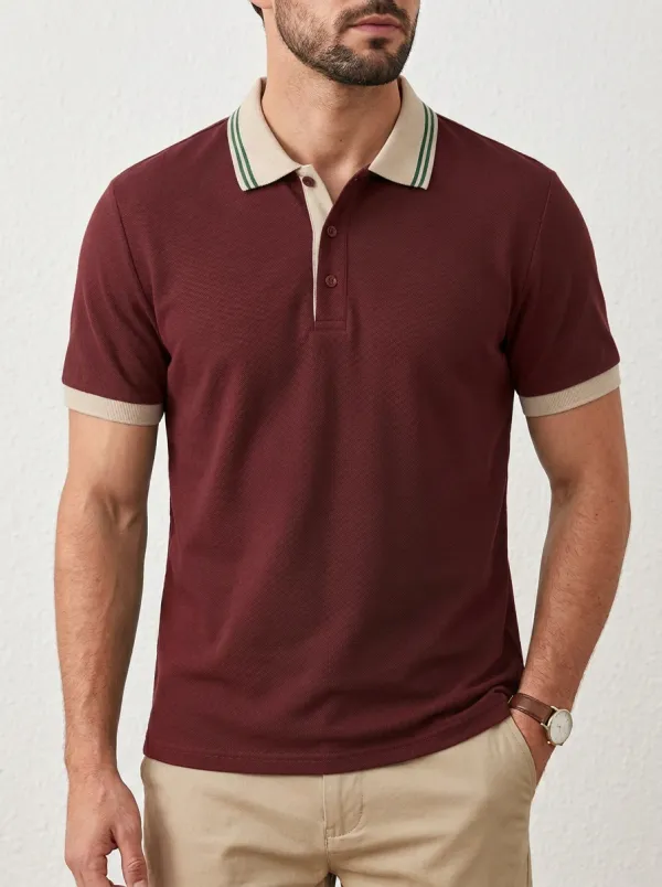 Men's Classic Knit Ribbed Textured Striped Contrast-Collar Contrast-Trim Polo Shirt