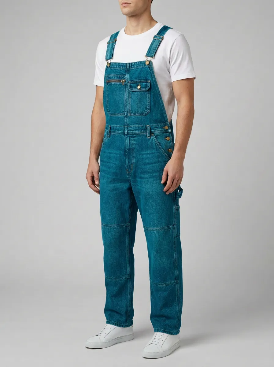 Men's Vintage Style Blue Denim Multi-Pocket Bib Overalls