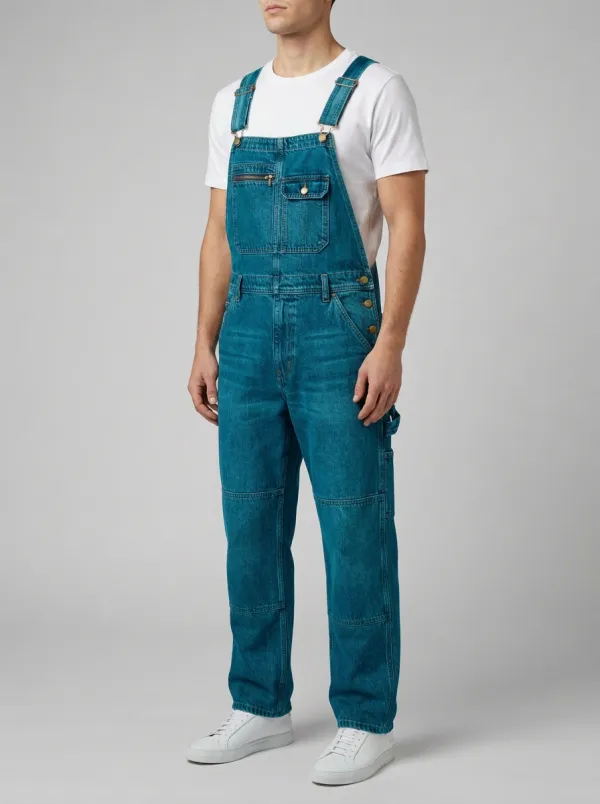 Men's Vintage Style Blue Denim Multi-Pocket Bib Overalls