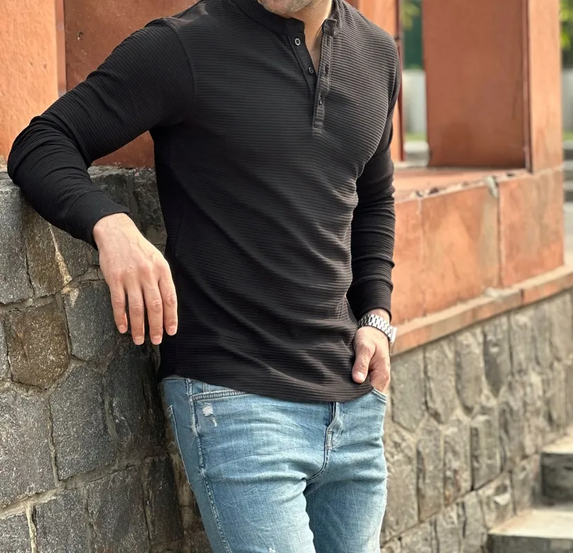 Black Textured Knit Long Sleeve Henley
