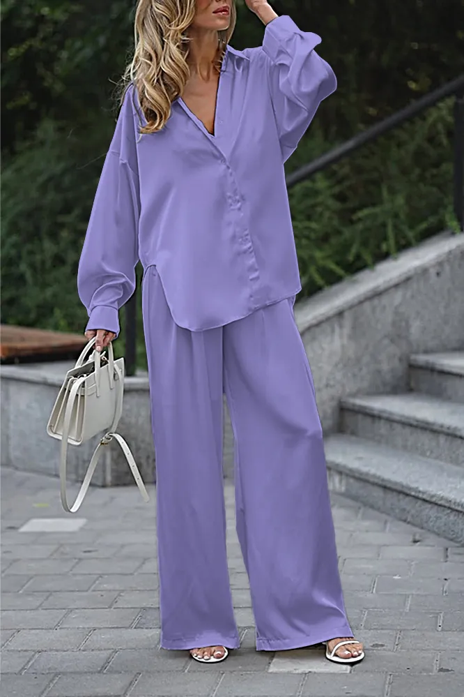 8PACK-Solid Color Silk Fabric Tank Top and Shirt and Pants Three Piece Set