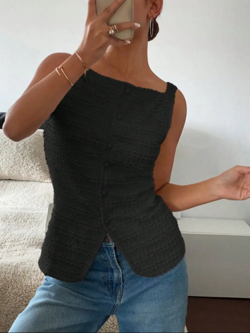Textured Button Front Tank