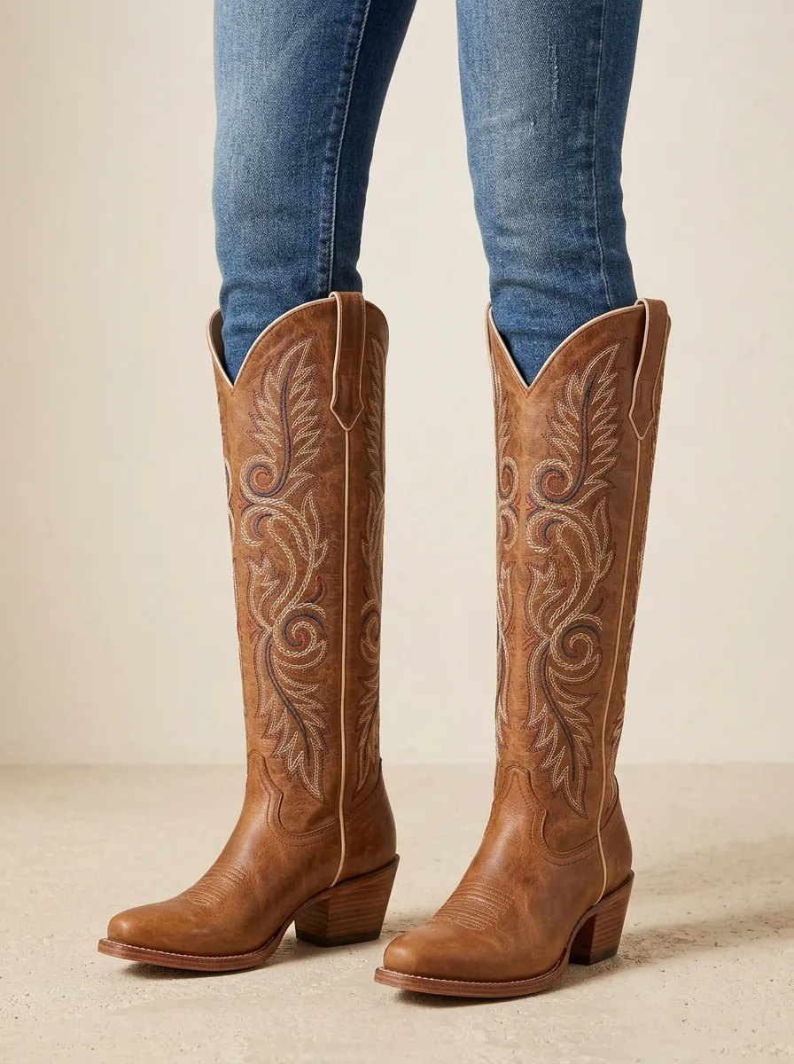 Women's Western Leaf Embroidered Piped Almond-Toe Block-Heel Stacked-Heel Denim Over-the-Knee Boots