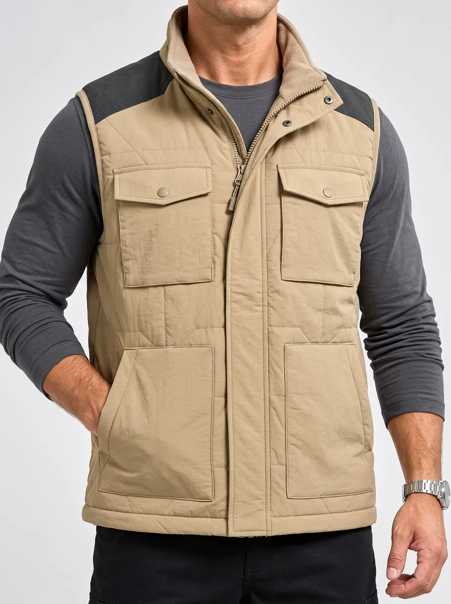 Men's Sleeveless Cargo-Style Outdoor-Style Quilt-Stitched Pocket-Detailed Layering Jacket