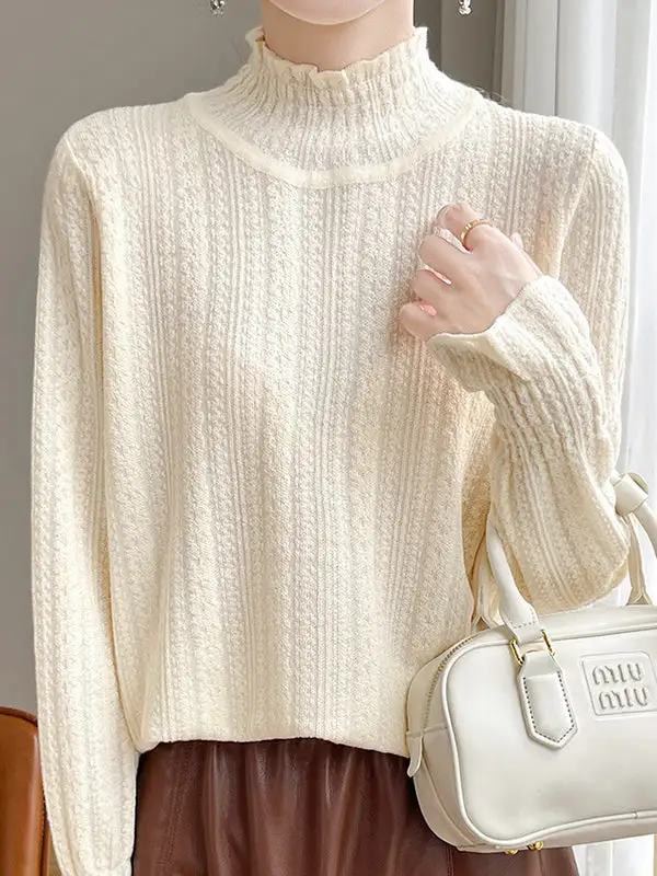 Long Sleeve Relaxed Elasticity Ruffle Trim Mock Neck T-Shirt