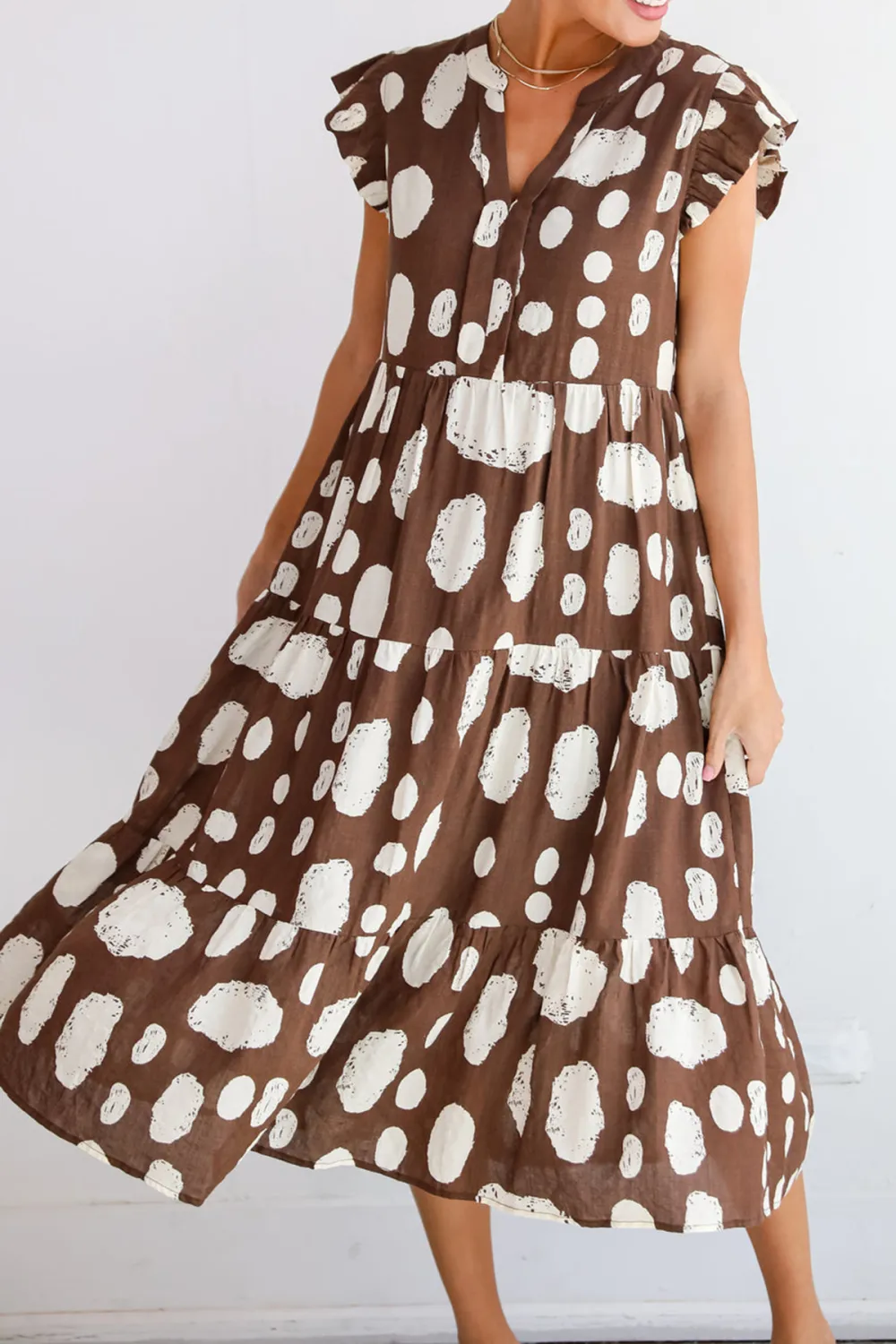 Brown Dotted Tiered Midi Dress