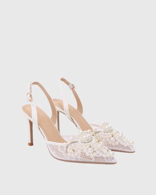 Pearl Embellisehd Lace Slingback Pumps in White