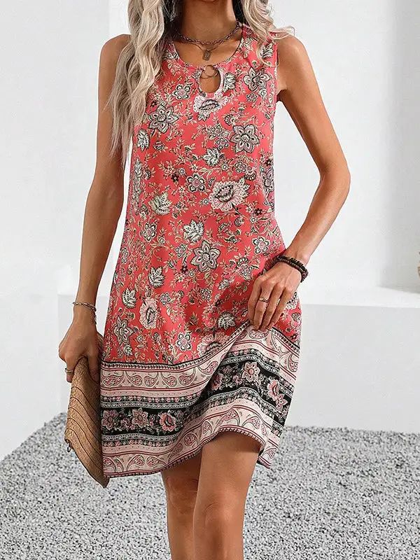 A Line Relaxed Flower Print Hollow U Neck Mini Dress