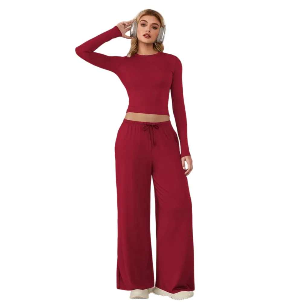 Women's 2-Piece Activewear Set Long-Sleeve Crop Top & Wide-Leg Pants Stretchy Fabric for Yoga