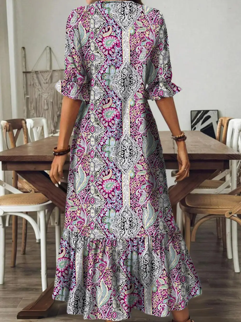Paisley Print V Neck Midi Dress
