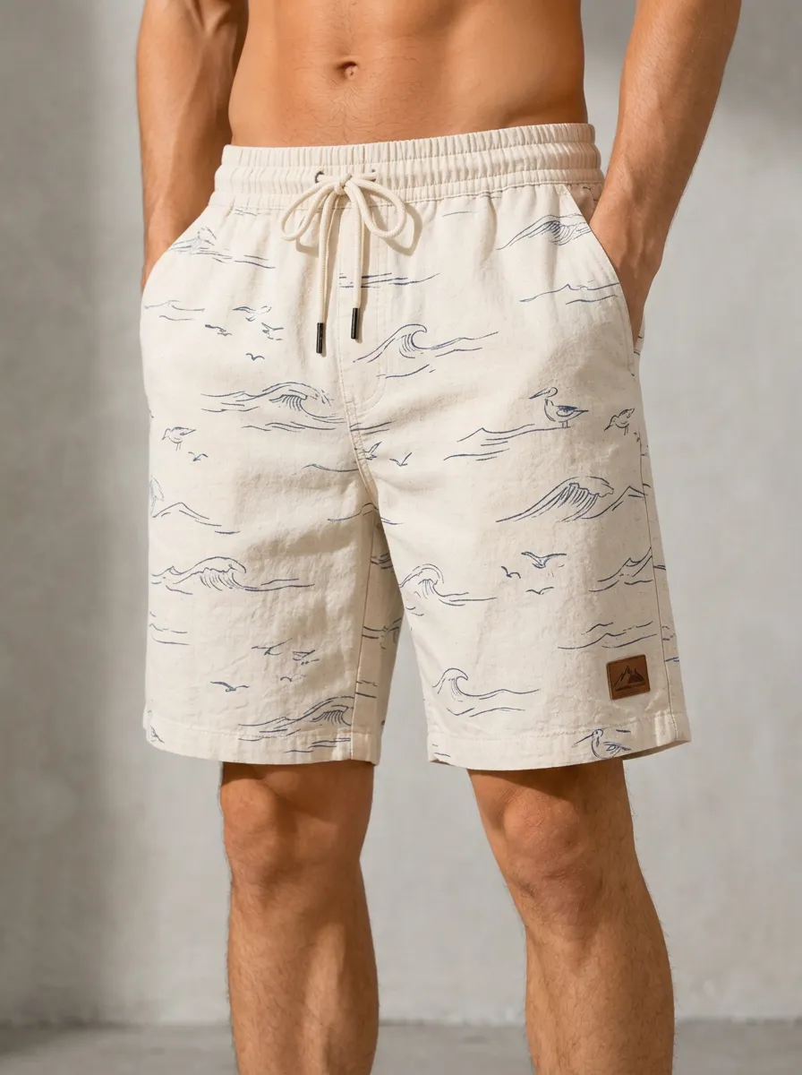 Men's Beach Lover Ocean Wave Seagull Printed Shorts