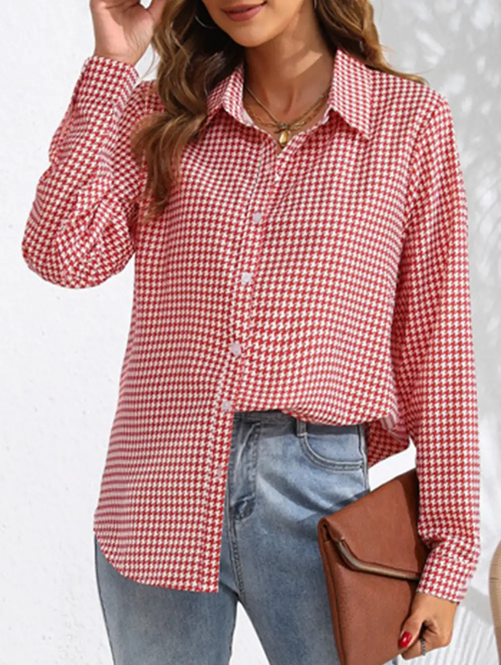 Plaid Loose Shirt with Collar Blouse