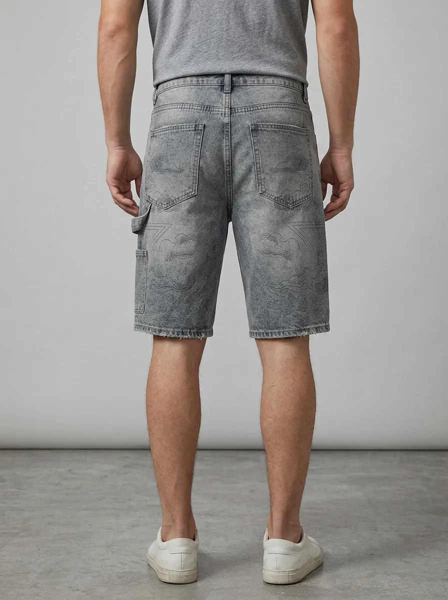 Storage-Ready Raw Hem Cloud Graphic Outdoor Look Men's Distressed Raw Hem Denim Shorts