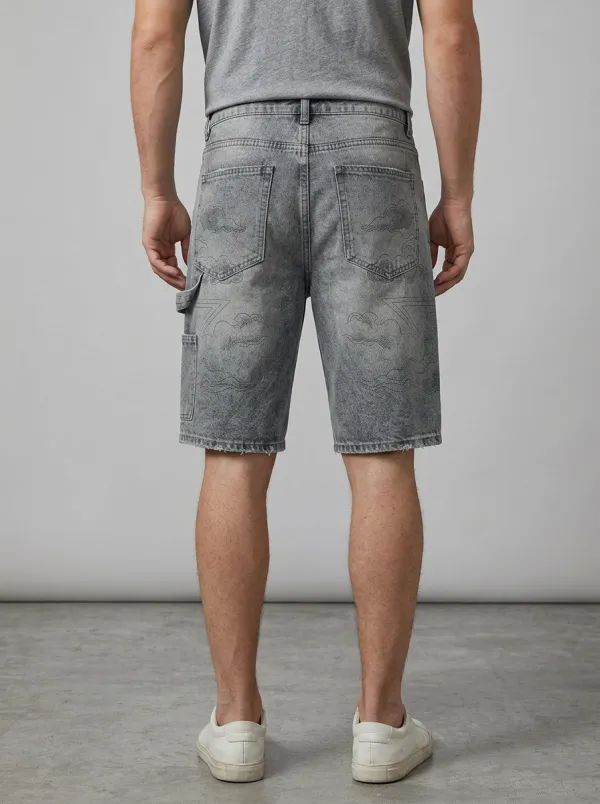 Storage-Ready Raw Hem Cloud Graphic Outdoor Look Men's Distressed Raw Hem Denim Shorts