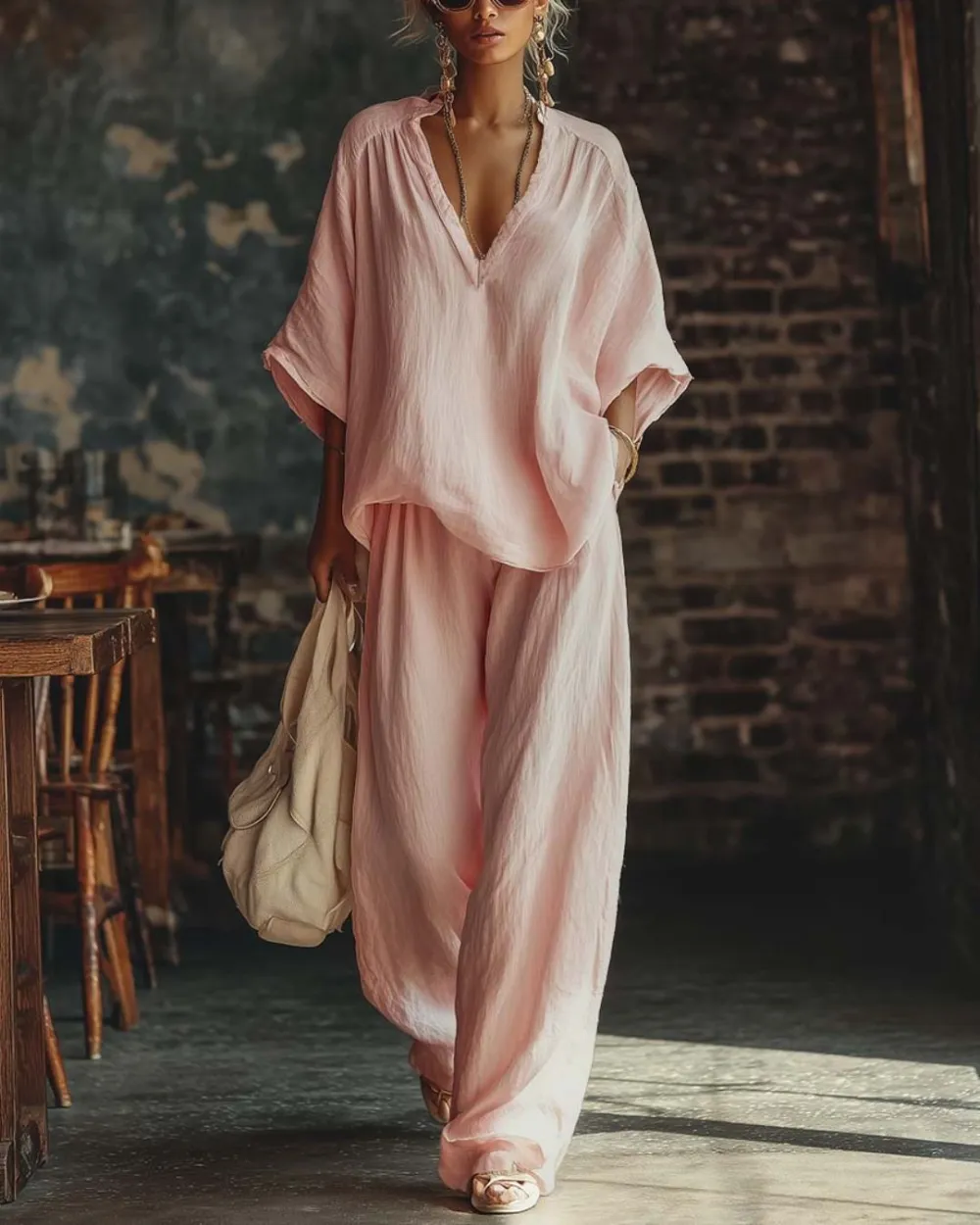 Casual Urban Boho V-Neck Blouse Set