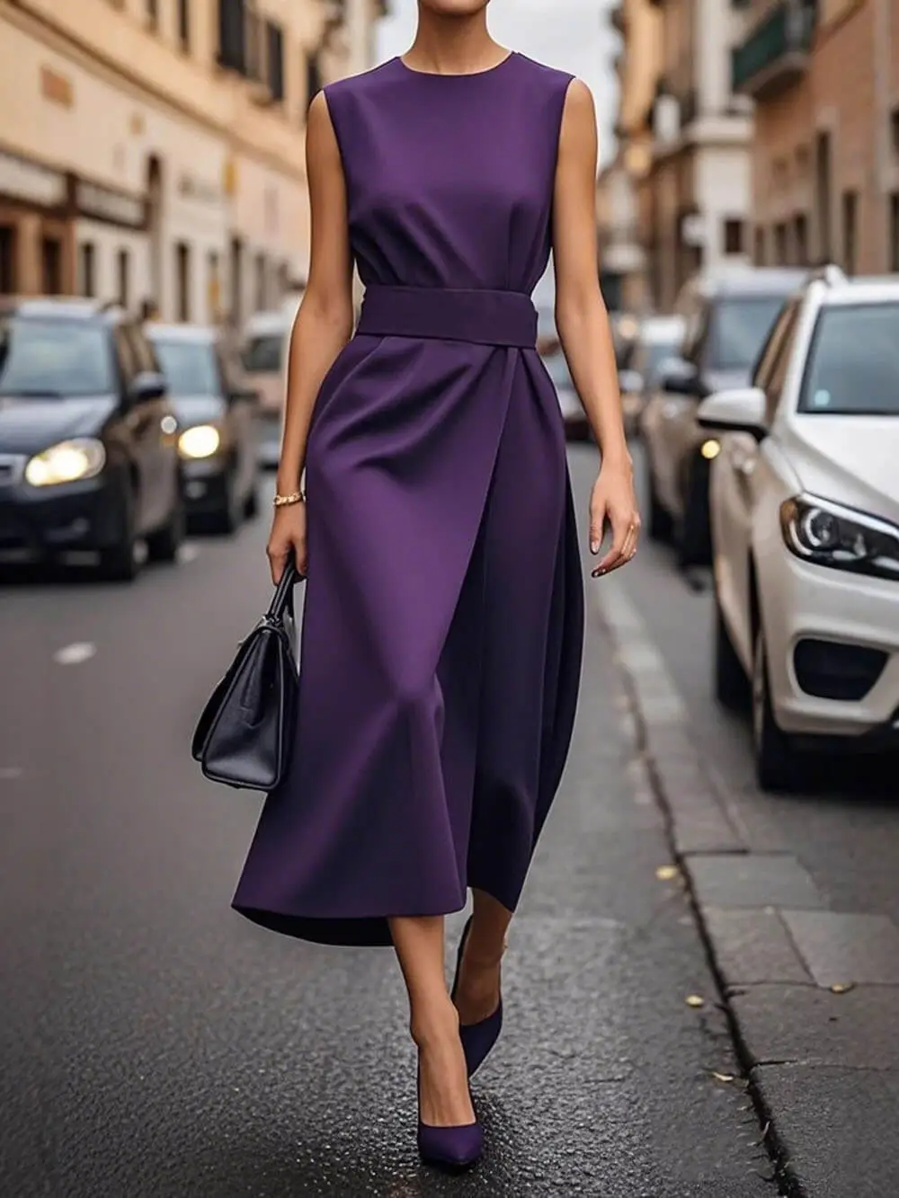 Elegant Pleats Solid Sleeveless Round Neck Midi Dress