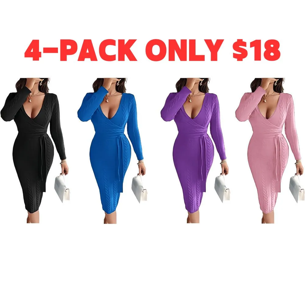 Women's Cable Textured Overlap Deep V-Neck Long Sleeve Mid-Length Dress Tie Waist Slim Fit Knit Dress