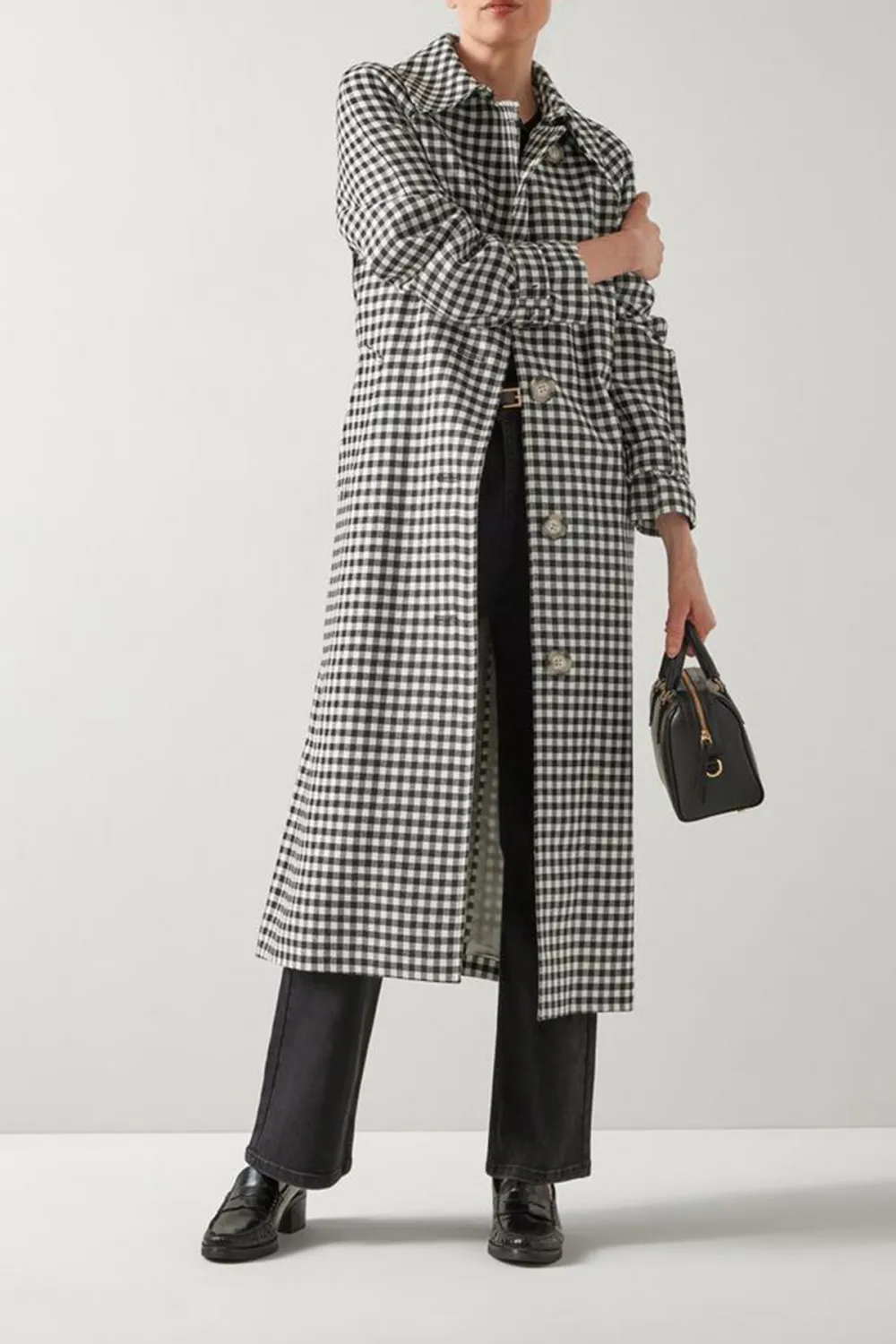 Black Cream Checkered Belted Long Coat