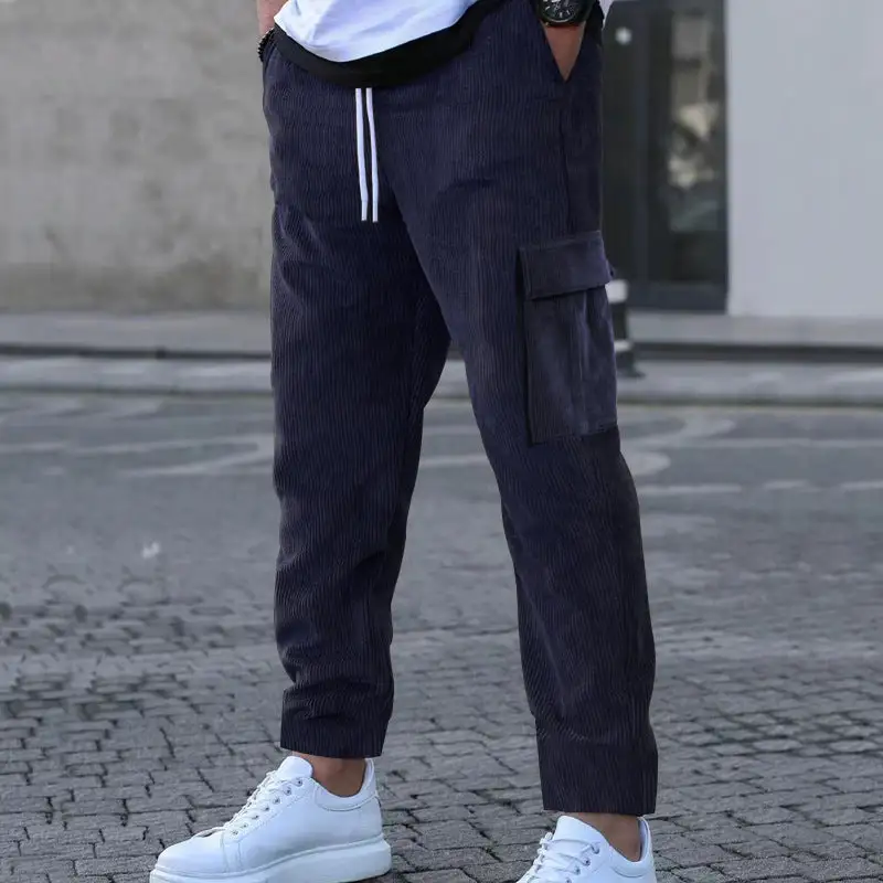 Men's Corduroy Jogger-style Pants Waistband Cargo Pockets Leg Cargo Pants