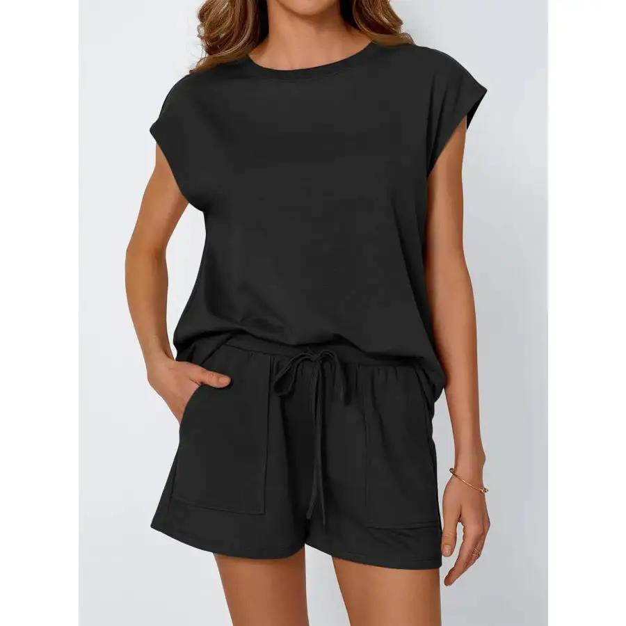 Round Neck Cap Sleeve Top and Shorts Set