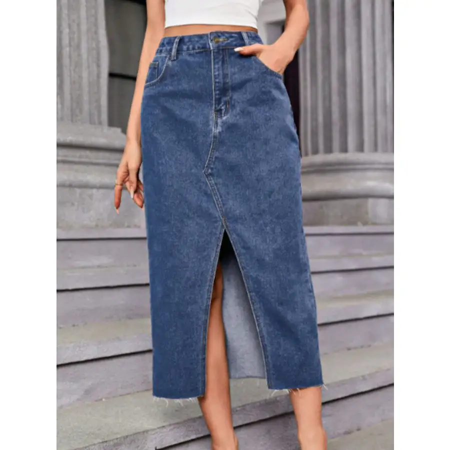 Relaxed Slit Midi Denim Skirt with Pockets