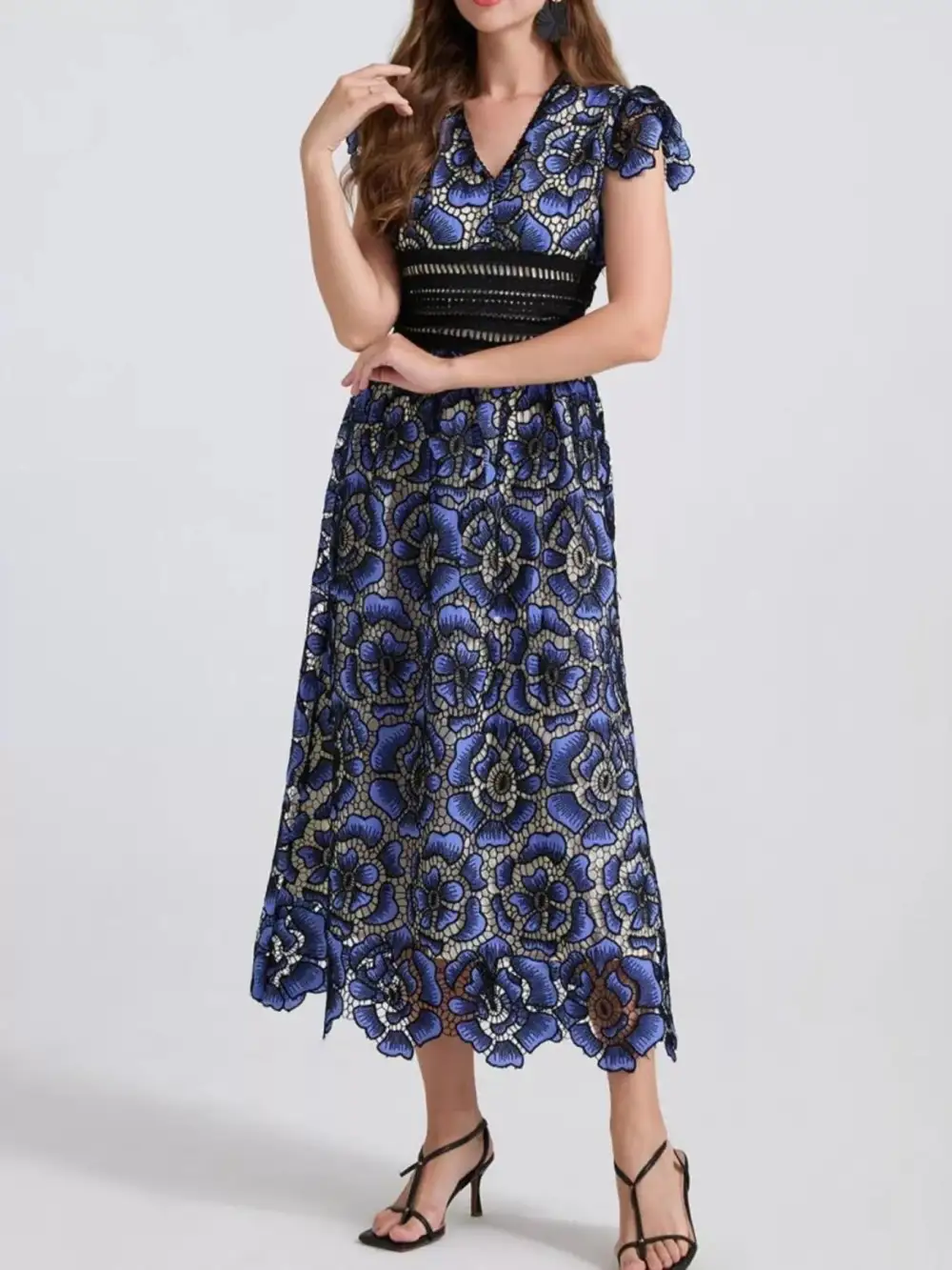 Printed V Neck Ruffle Midi Dress