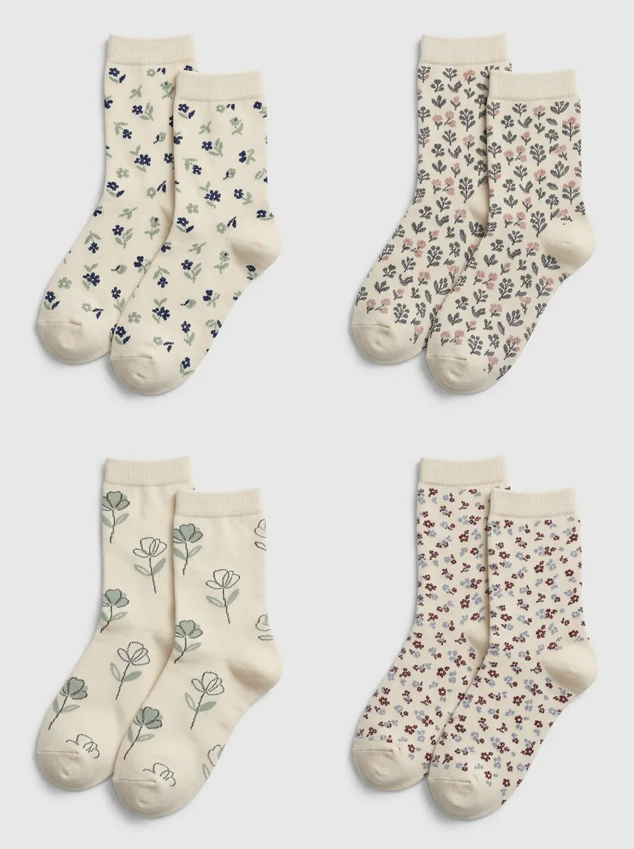 Women's Floral Pattern Ribbed Crew Socks Four Pair Set