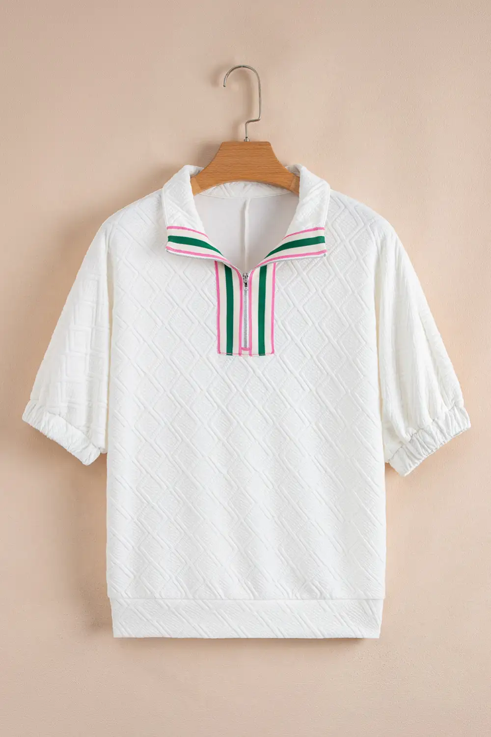 White Contrast Striped Collar Patchwork Textured Half Sleeve Blouse