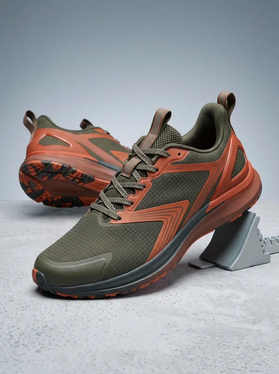 Men's Outdoor Sport Olive Green and Orange Printed Sneakers