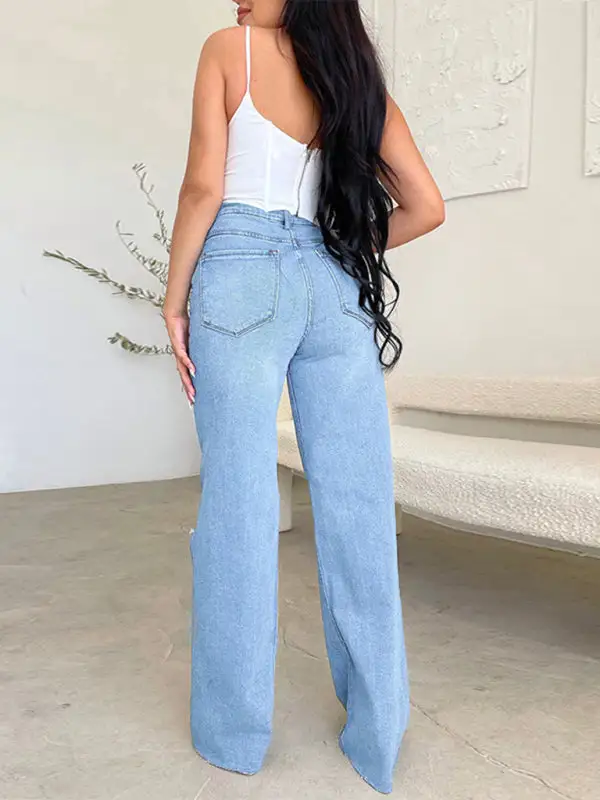 Structured High Waist Wide Leg Ripped Denim Jeans