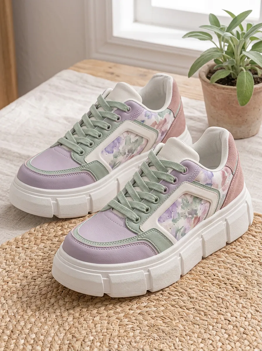 Women's Pastel Floral Patchwork Printed Platform Sneakers