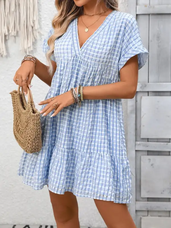 Plaid V Neck Ruffle Mini Dress