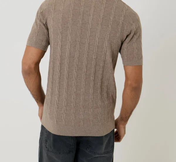 Men's Taupe Cable Stripe Knitted Button Polo