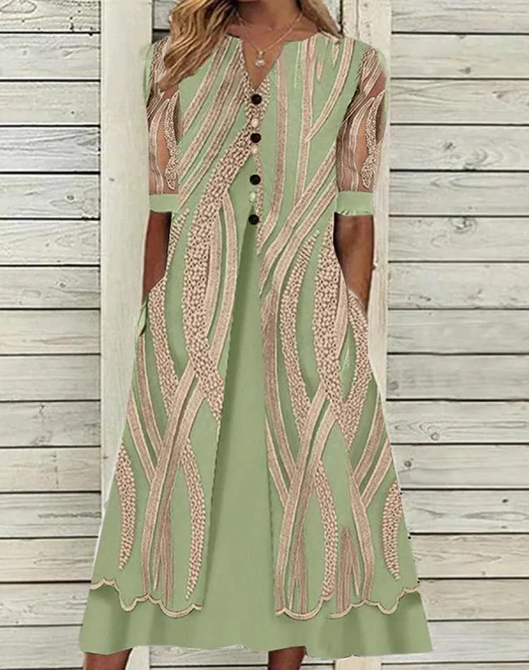V-neck Printed Loose Short Sleeve Maxi Dress