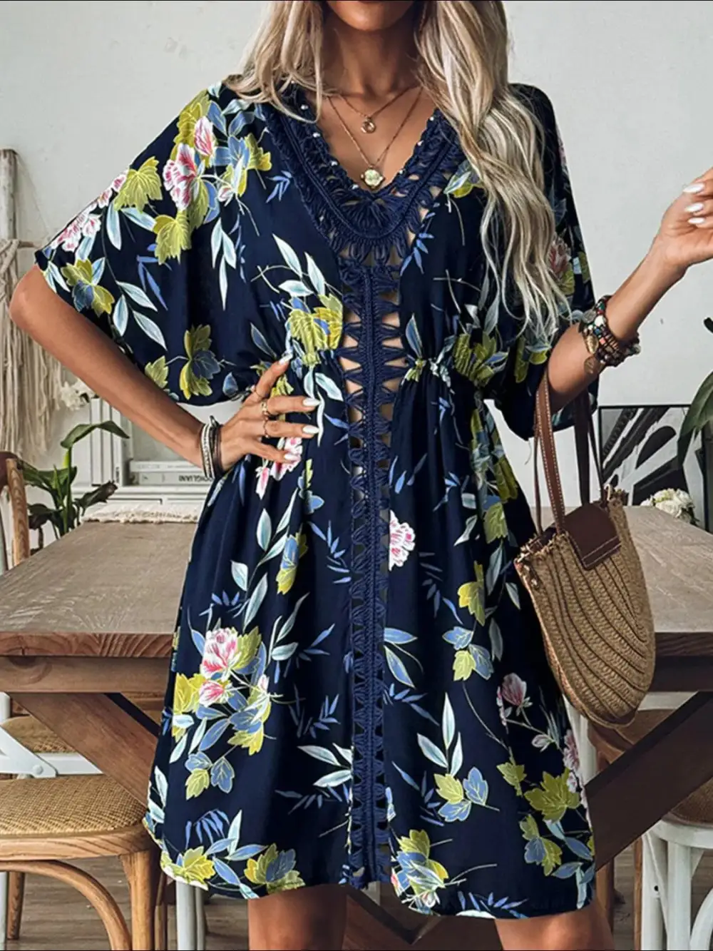 Crochet Front V Neck Printed Swim Cover Up
