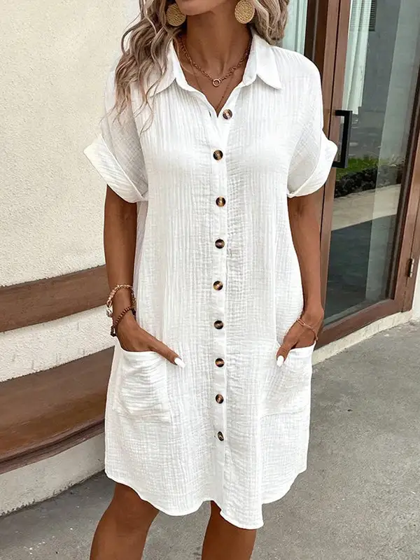 Relaxed Short Sleeve Buttoned Pocket Lapel Mini Dress