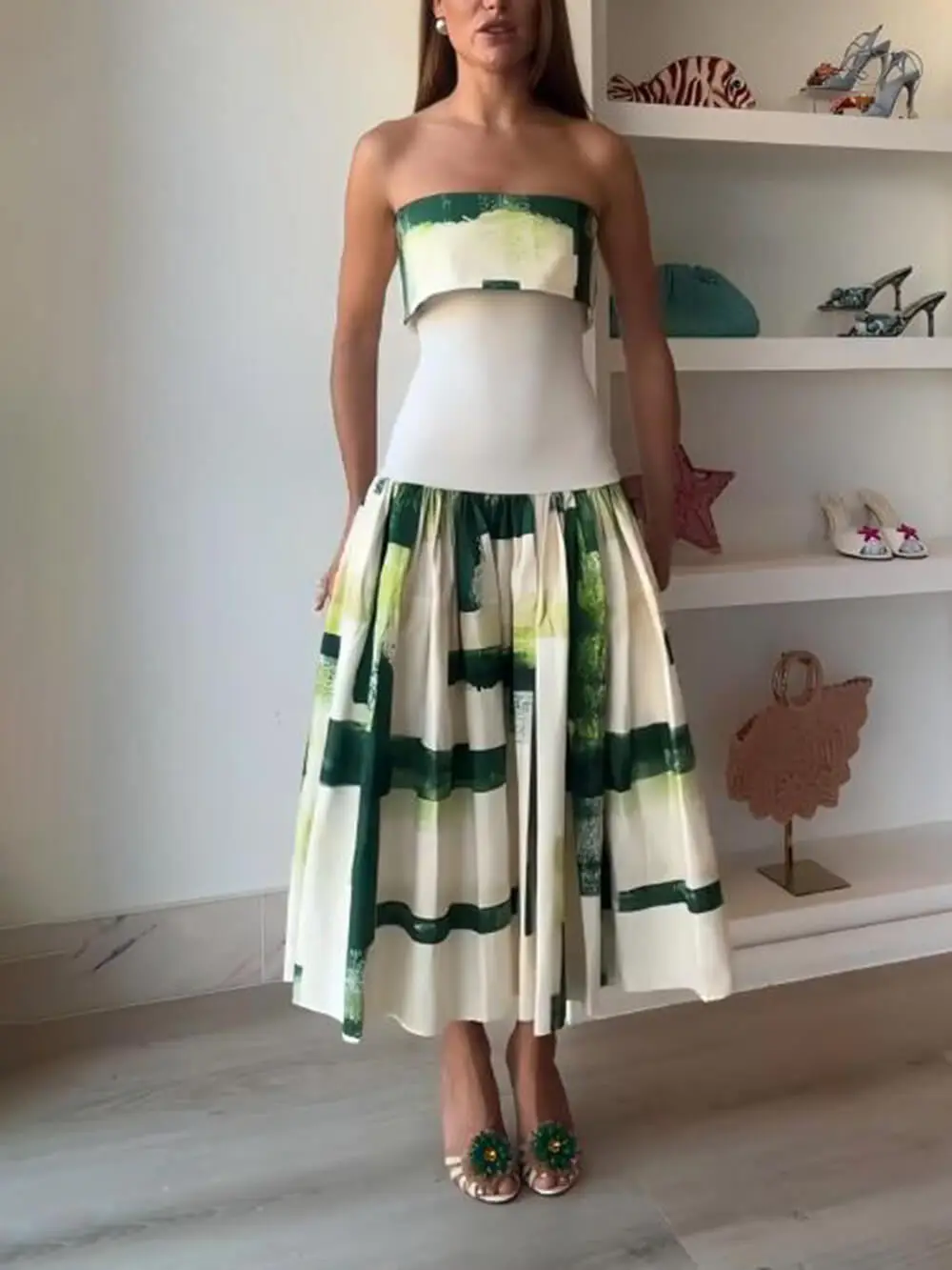 Elegant Printed Strapless Ribbed Fitted Midi Dress