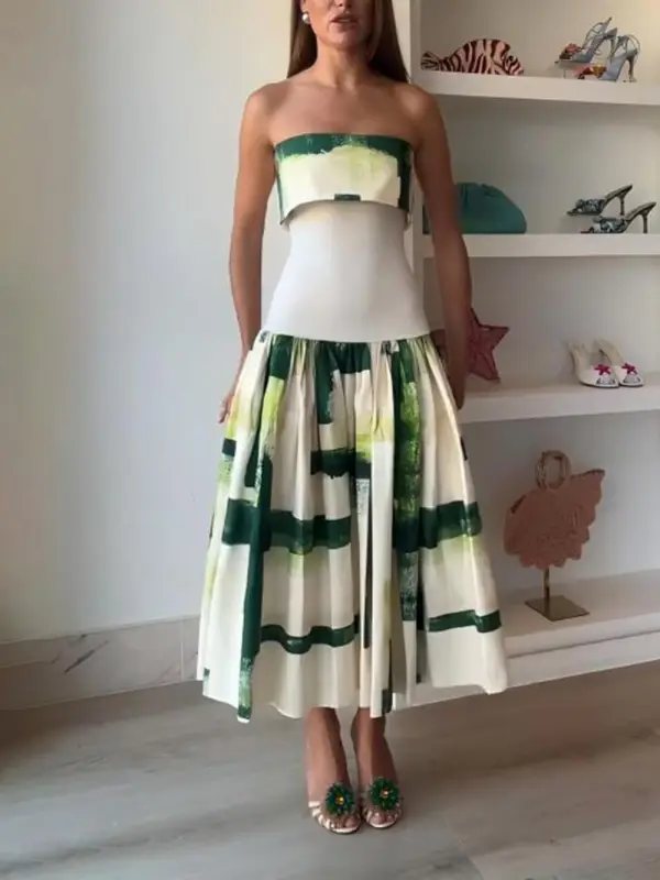Elegant Printed Strapless Ribbed Fitted Midi Dress