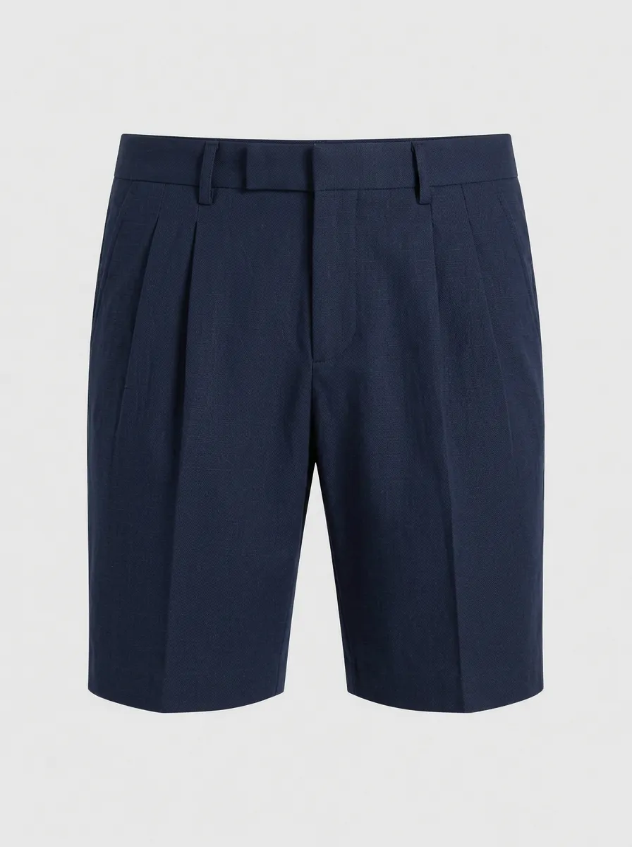 Men's Navy Blue Pleated Linen Tailored Shorts