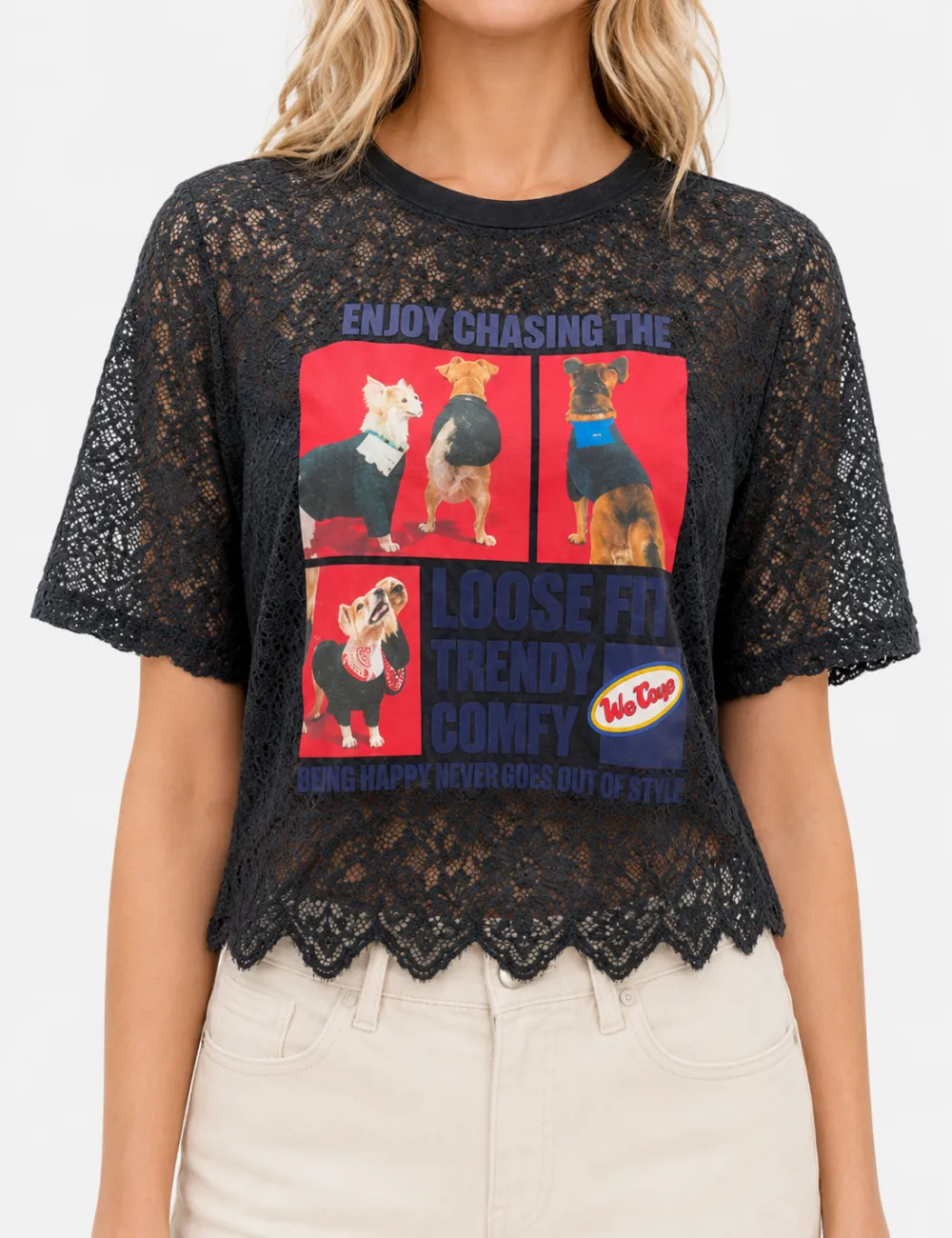 Dog Graphic Round Neck Lace Crop Top