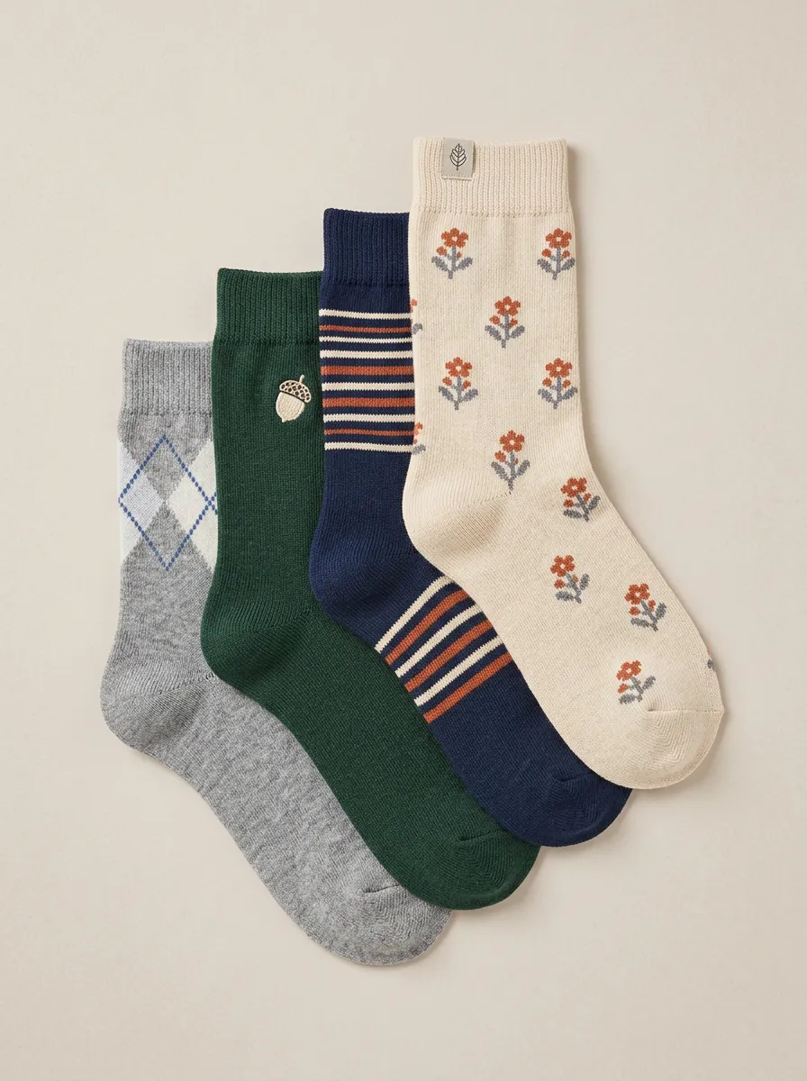 Argyle Floral Striped Nature Four-Pair Casual Socks