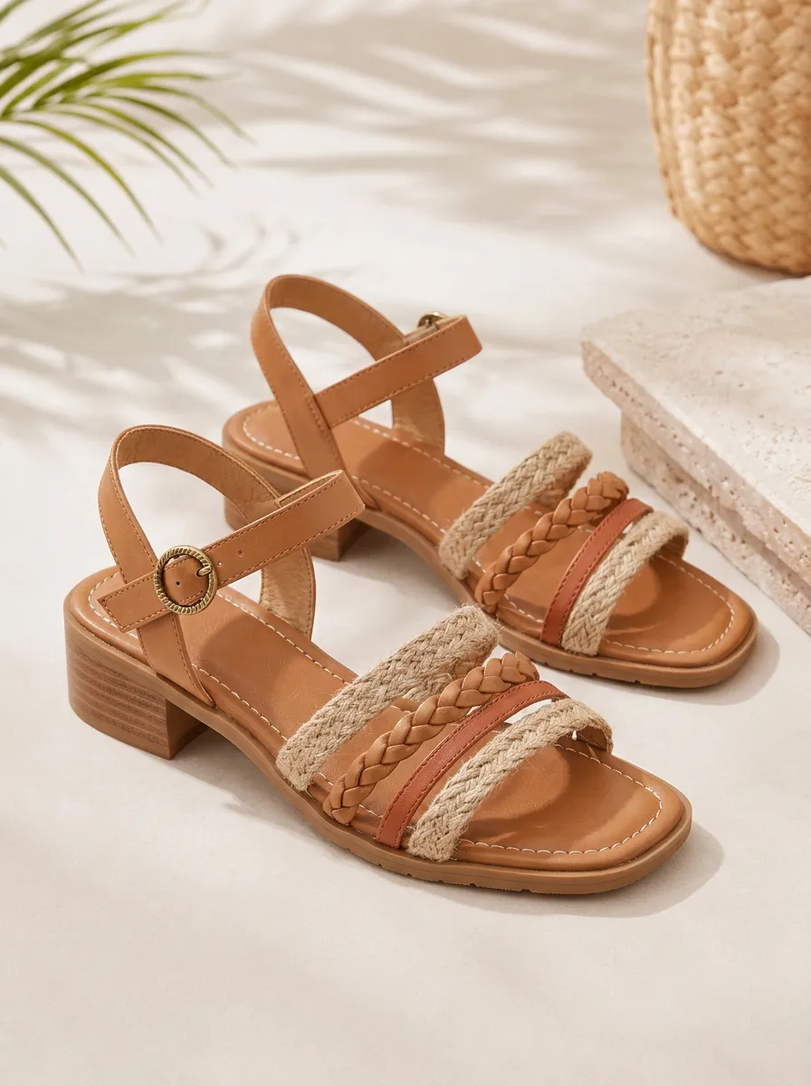 Women's Summer Casual Braided Strap Buckle Low Block Heel Sandals