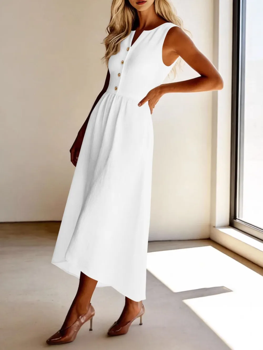 Clean Line Button Front Sleeveless Midi Dress