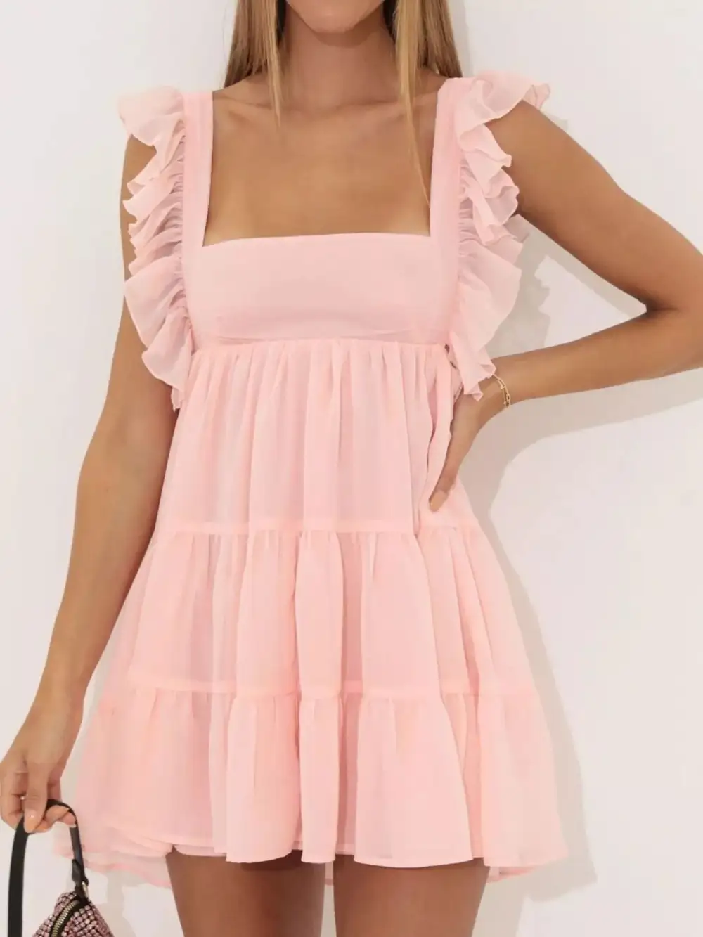 Square Neck Ruffle Tiered Dress Casual