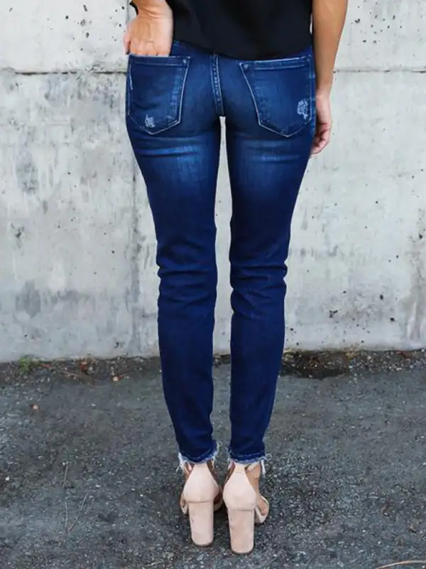 Distressed Stretch Pleated Denim Jeans